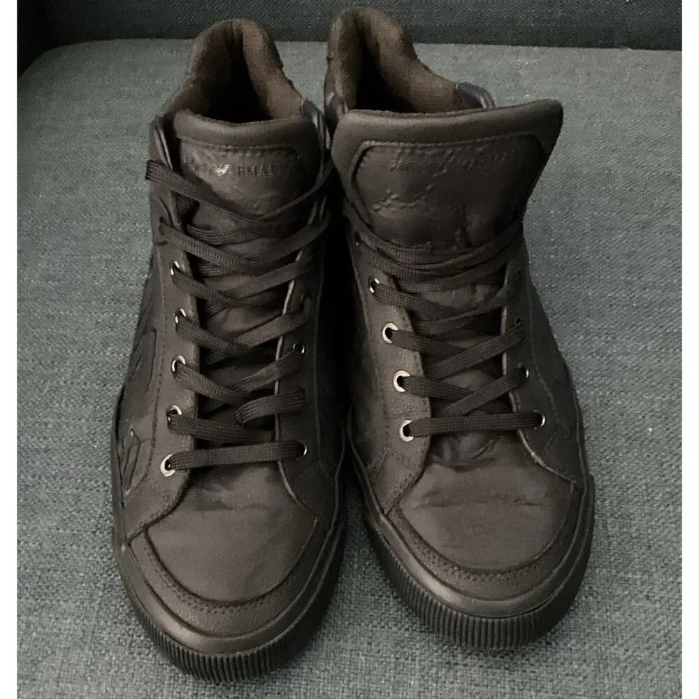 Emporio Armani Eagle Logo Nylon Leather High Top Sneakers Black Size 7 EU 40